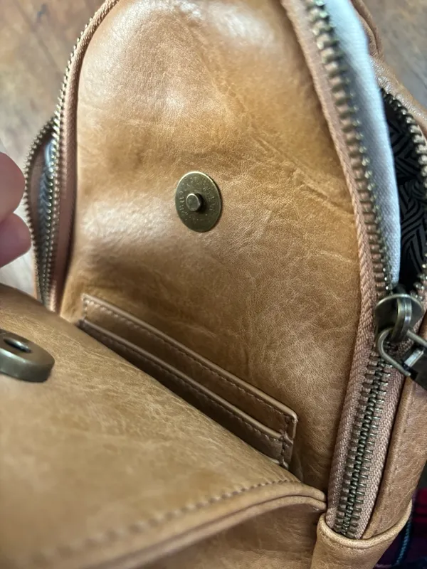 Pink Lily Tan Crossbody Sling Bag with Patterned Strap - Image 3