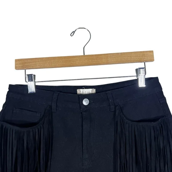 Altar'd State Fringe Front Raw Hem Denim Shorts Black Western Boho Size M - Image 2