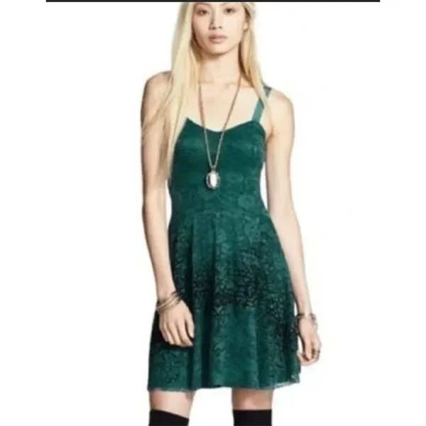 Free People Strap Mini Flare‎ Dress Green Floral Lace Black Velvety Detail - Image 11