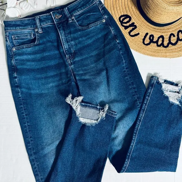 American Eagle Outfitters Dark/Midwash Distressed Hem Mom Jeans - Image 2