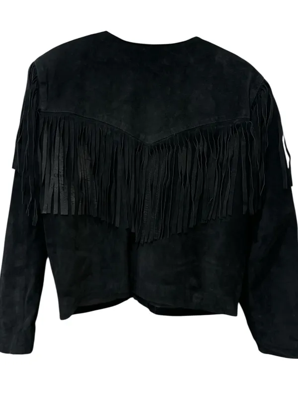 Vintage Black Suede Fringe Leather Cropped Western Boho Style Jacket Size: M - Image 6
