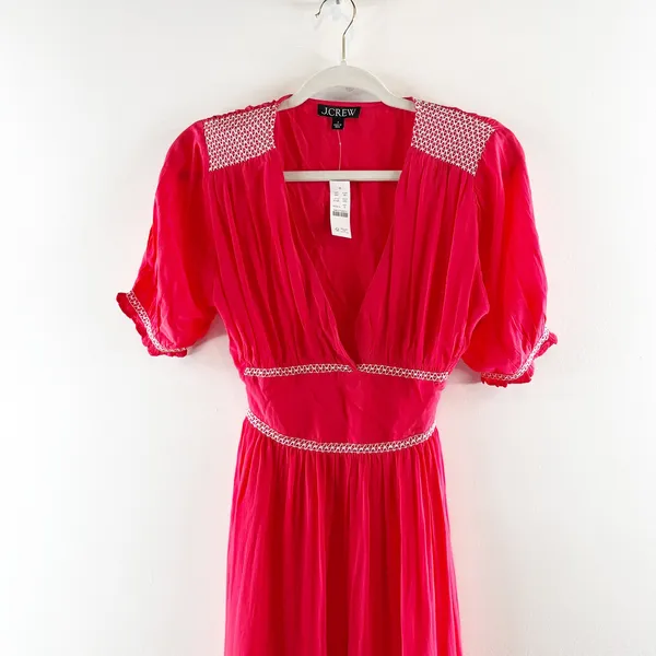 J. Crew Smocked-Trim Short Sleeve Midi Slip Dress in Crepe De Chine Red 6 - Image 4