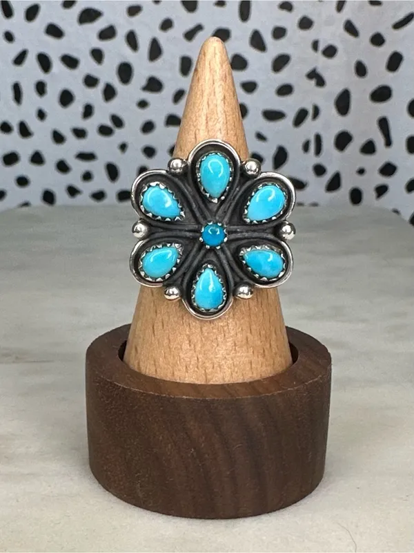 Turquoise Cluster Flower Sterling Silver Ring Size 8 Multi Stone 7 Stone - Image 6