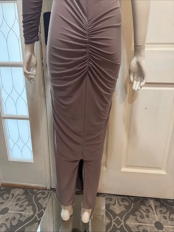 Club L London Brown Ruched Twist Bardot Maternity Midi Dress One-Shoulder Size 8 - Image 11