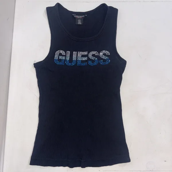 Vintage Y2K Guess Embellished Rhinestone Logo‎ Ribbed Tank Top Pink Size M - Image 4