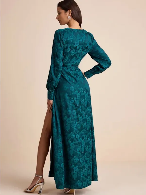 Lulu's Teal Floral Wrap Maxi Gown with Slit - Image 5