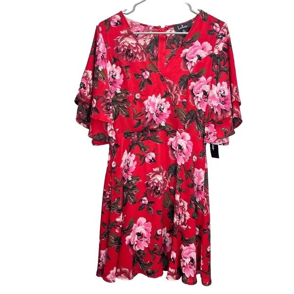 NWT Lulus Laclair Red Floral Surplice V‎ Neck Flutter Sleeve Skater Dress MEDIUM - Image 5