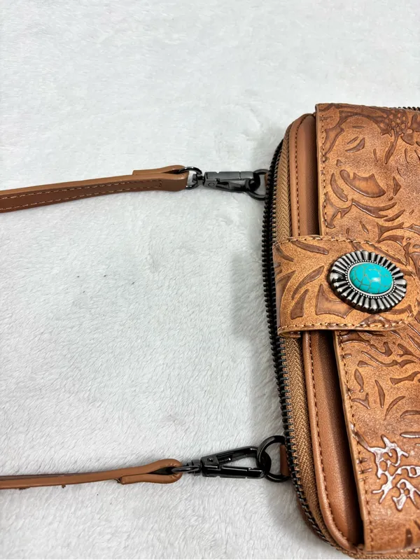 LAVAWA Tooled Brown Leather Crossbody Wallet with Turquoise Accent - Image 11