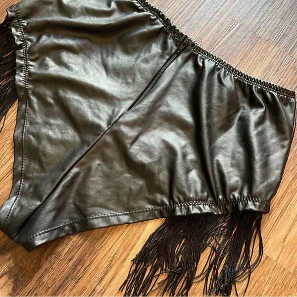 Body Rage Black Faux Leather Fringe Bikini Cut Bottoms Shorts Sz Large - Image 7