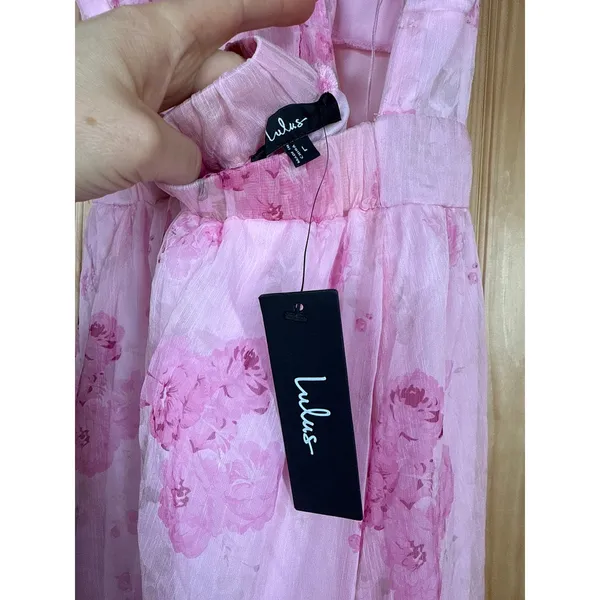NWT Lulus Loveliest Darling Light Pink Floral Ruffled Tie-Back Midi Dress Sz L - Image 8