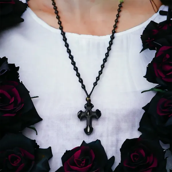 1pc Classic‎ Religious Style Christian Cross Fashion Obsidian Pendant Necklace - Image 2