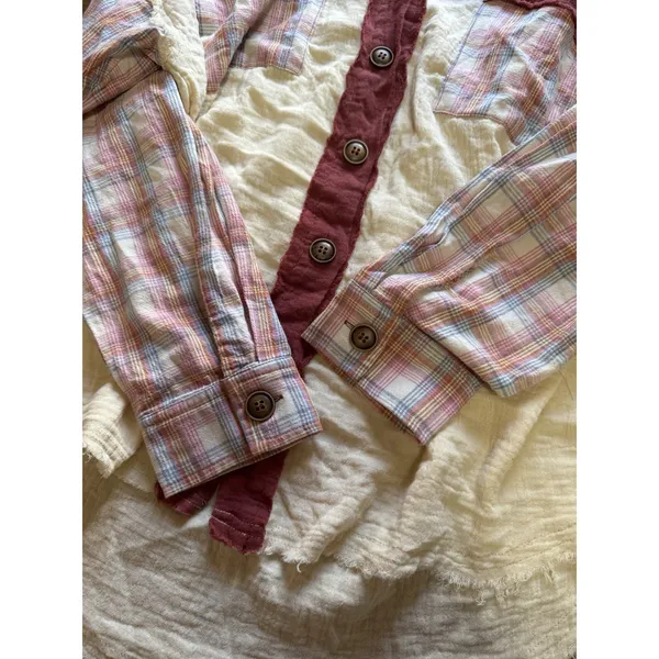 EASEL Women Sz Small Button Down Cotton Tunic Top Long‎ Sleeve Patchwork Raw Hem - Image 7