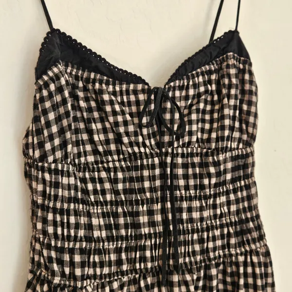 NIA Black Tan Gingham Smocked Midi Thomas Dress Lace Trim Pockets Womens Medium - Image 4