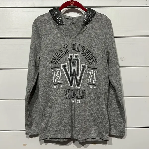 Walt Disney World Sweatshirt M Sequin Hooded Gray Silver Graphic Distressed - Image 2