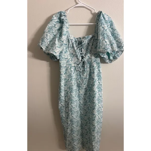 Tuckernuck Hyacinth House Teal Floral Lace-Up Lila Midi Dress Size Small - Image 3