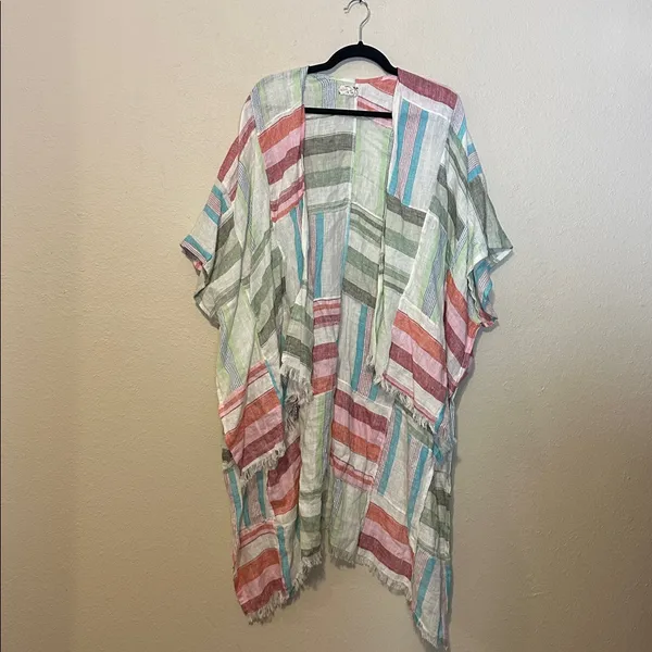 Free People Patchwork Sail Away 100% Linen‎ Kimono One Size - Image 3