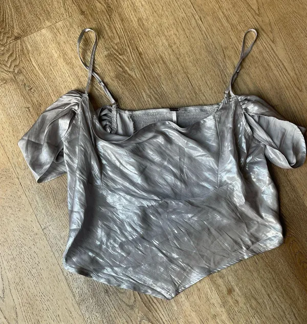 Free People Silver Satin Off-the-Shoulder Top - Image 4