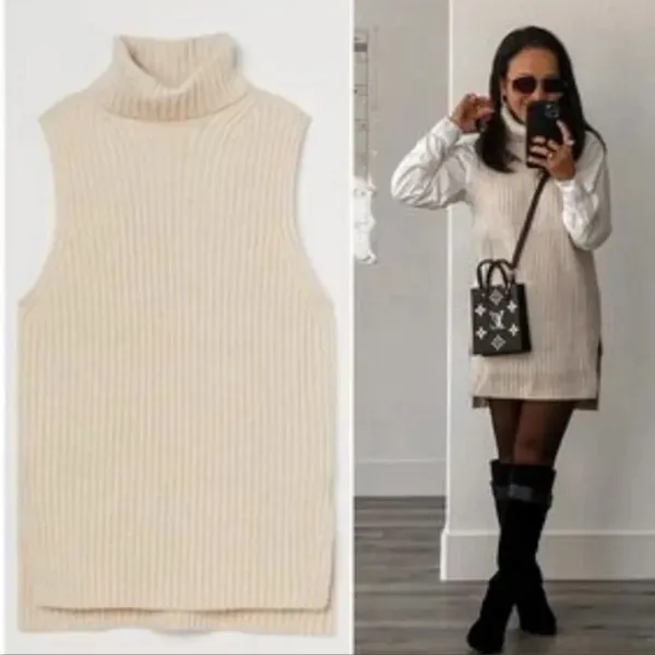 H&M Women's Turtleneck Sweater Sleeveless Wool Blend Vest Tan Size XXL‎ - Image 5