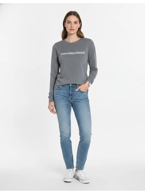 Overstimulated Gray Graphic Long Sleeve Tee Casual Statement Top Size XL - Image 8