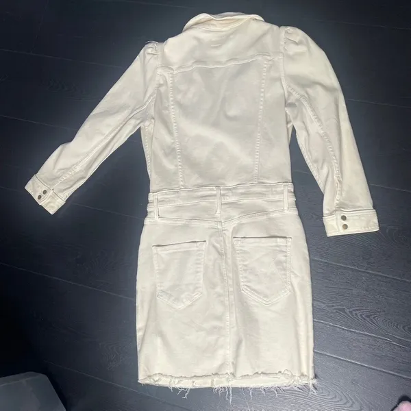 MOTHER Denim Cream Puff Shoulder‎ Raw Hem Mini Dress Long Sleeve Off White Small - Image 12