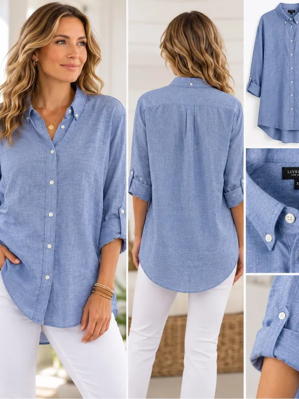 Liverpool Los Angeles Women XXL Blue Chambray Linen Blend Roll Tab Shirt NWT - Image 9