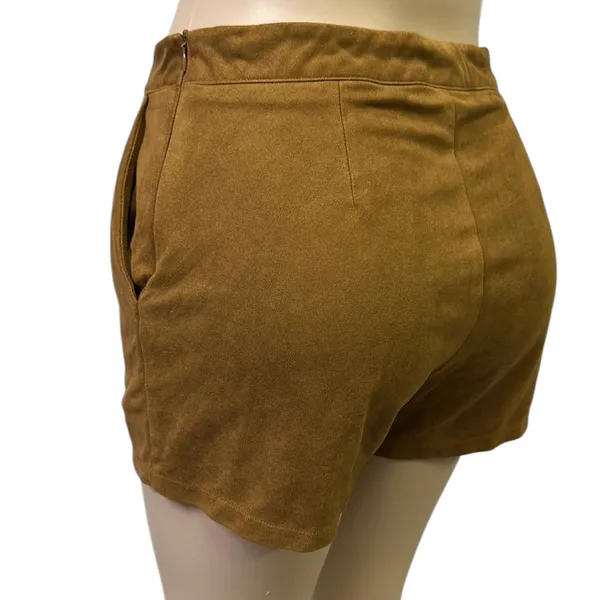 Love Riche Brown Faux Suede Braided Accent High Rise Zip Shorts Womens Medium - Image 3