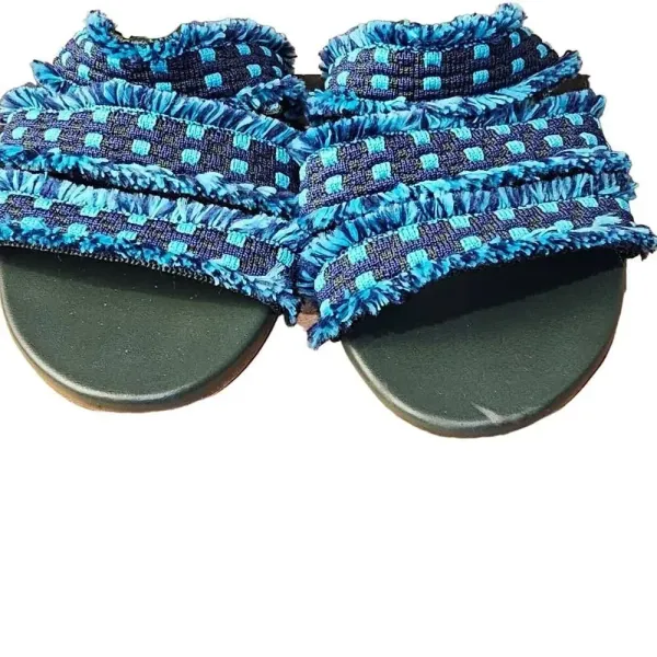 Rothy's Womens Blue Fringe Triple Fabric Strap Slide On Flat Sandals‎ 6 - Image 4