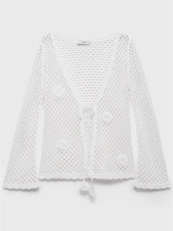 Mango Crochet Cardigan with Bow Closure NWT White L - Image 3