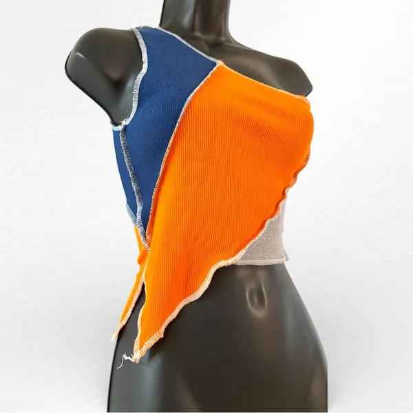 Colorblock Asymmetrical Knit Top Orange Size M - Image 3
