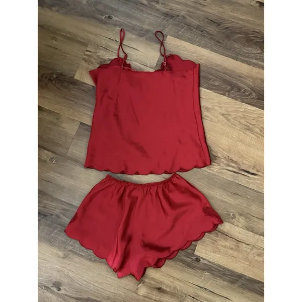 Retro Mystique Red Satin Heart Sheer Pajama Set Y2K Small Camisole Shorts‎ - Image 5