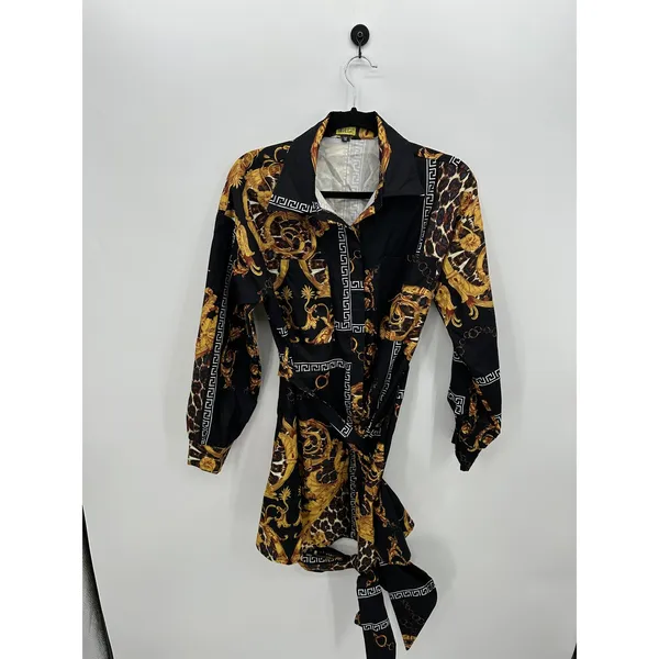 Love Highlight Women Baroque Leopard Print Mini Shirt Dress Black Gold Sz M - Image 2