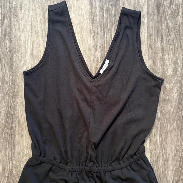 Daily Ritual Black Jumpsuit Double V neck Cropped Wide Leg Pima Cotton - Image 3