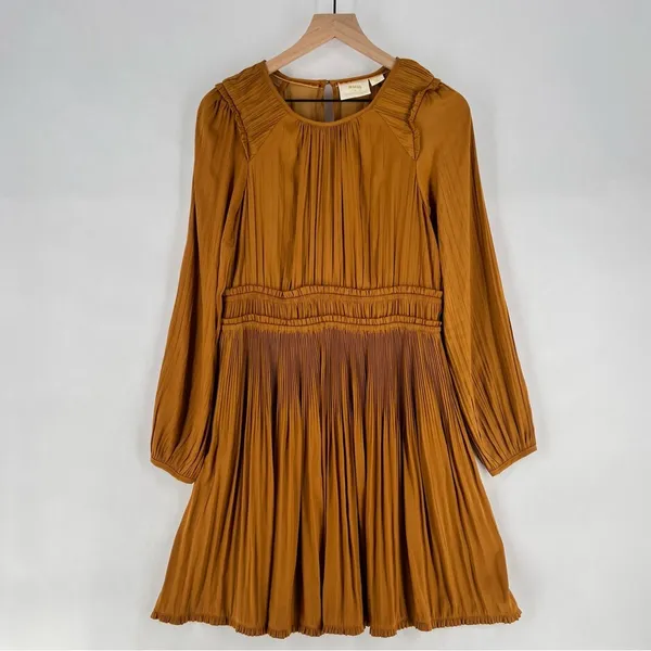 Anthropologie Maeve Saniya Mini Dress Pleated Satin Ruffle‎ Trim Feminine - Image 2