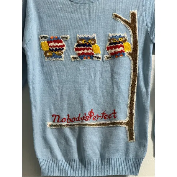 Nobody's Perfect vintage blue Sweater M embroidered owl bird - Image 2