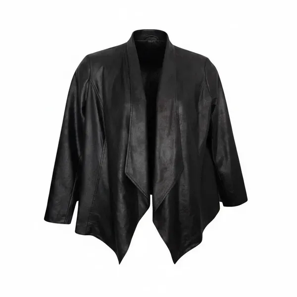 JM Collection Vegan Leather Draped Black Jacket Size M Open Front Blazer Casual - Image 13