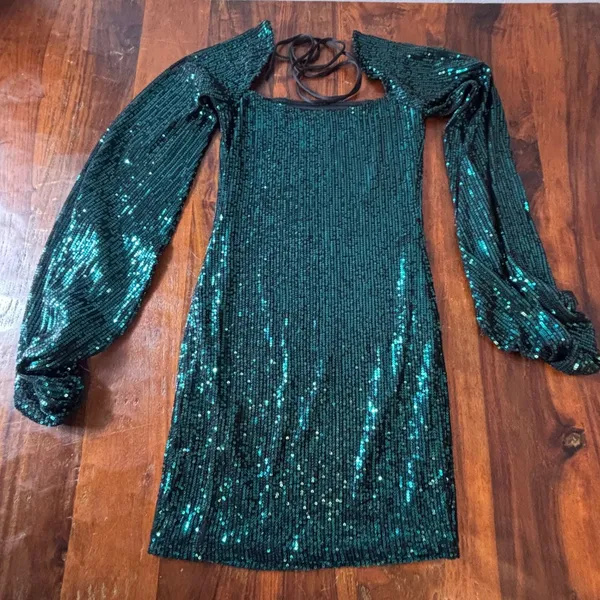 Lucy In The Sky‎ Emerald Green Sequin Balloon Sleeve Mini Dress Small Tie Back - Image 6