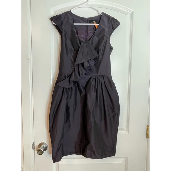 Cue Australia Cocktail Dress Size X-Small Black Matte Satin Ruffles Coquette - Image 2