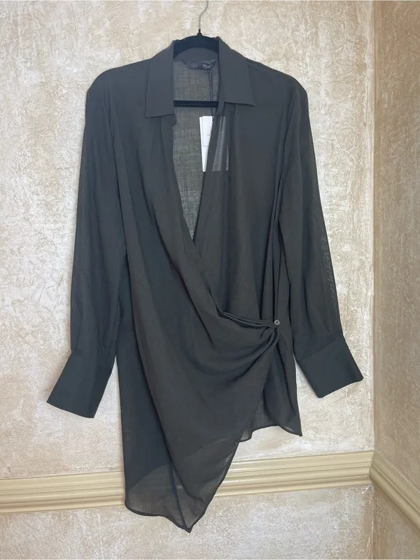 Zara Dark Green Wool Blend Draped Asymmetrical Avant Garde Long Wrap Blouse L - Image 4