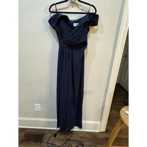 Eliza J Pleated Off Shoulder Gown Dress Size 4 $218 Navy Blue Crepe - Image 7