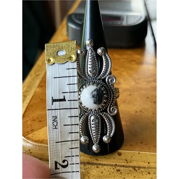 White Buffalo Turquoise Sterling Silver Ring Size 8 Black - Image 6