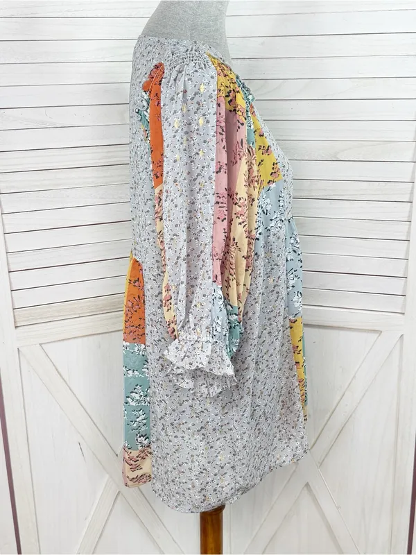 UMGEE Floral Patchwork Print‎ V Neck Chiffon Blouse Grey Multi Medium Boho - Image 3