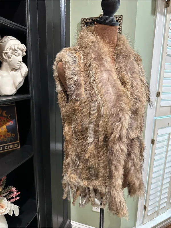 Real Rabbit Fur Vest – Brown Beige Natural Fur – Size M - Image 4