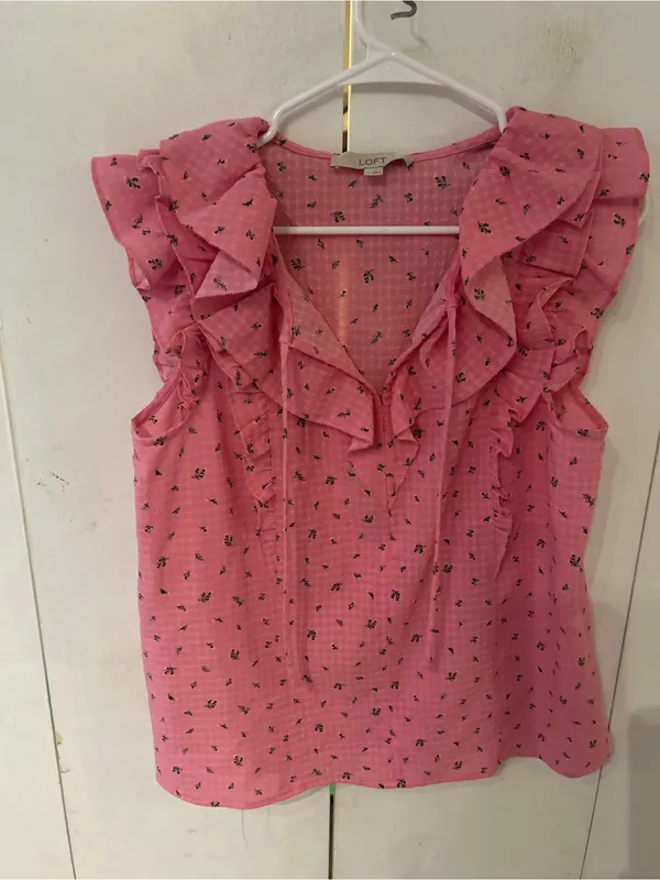 LOFT Pink Ruffle Cap-Sleeve Blouse - Image 3