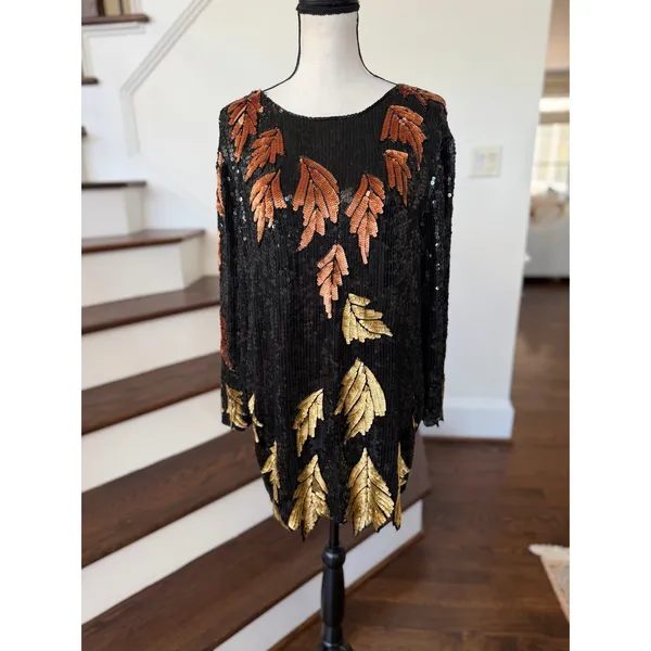 Vintage 90s Black Gold Fall Leaf Pattern Silk Sequin Long Sleeve Shift Dress - Image 2