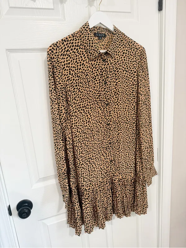 J.Crew Leopard Print Shirt Dress Pleated Hem Long Sleeve Brown Black Size M - Image 9