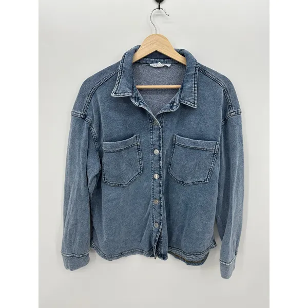 Jane + Delancey Women Large Blue Acid Wash Cotton Blend Knit Denim Shacket - Image 3
