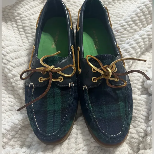 Sperry Green and Navy Plaid Leather-Trim Moccasins - Image 2