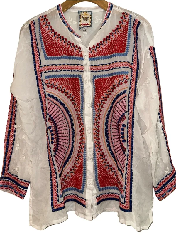 Johnny Was Women’s Size S White Pink Red Blue Embroidery Button Down Blouse - Image 6