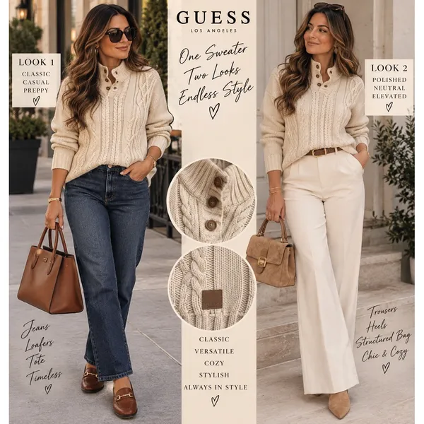 Guess Los Angeles Womens Cream Cable Knit Mock Neck Button Sweater Size M - Image 2