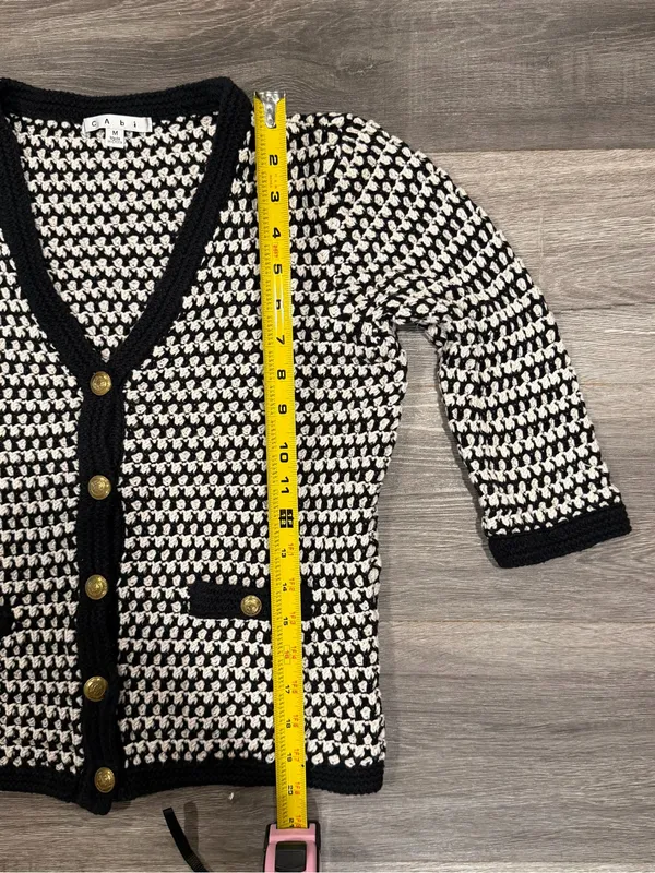 Cabi Coco Women’s Cardigan Sweater Black & White Waffle Knit Button Size Medium - Image 6